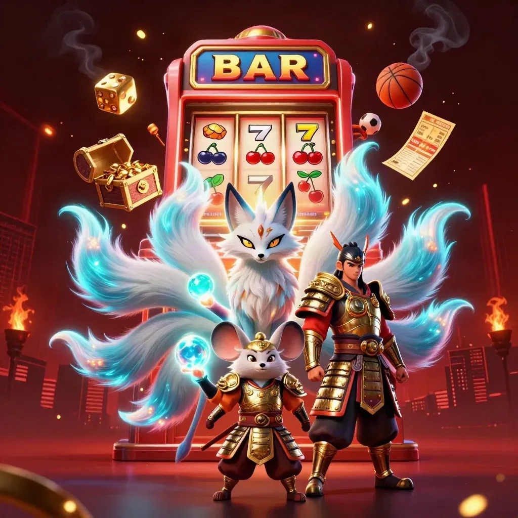Nine-tailed fox spirit and golden mouse burst from a slot machine with gold, cyan, and ember light.
