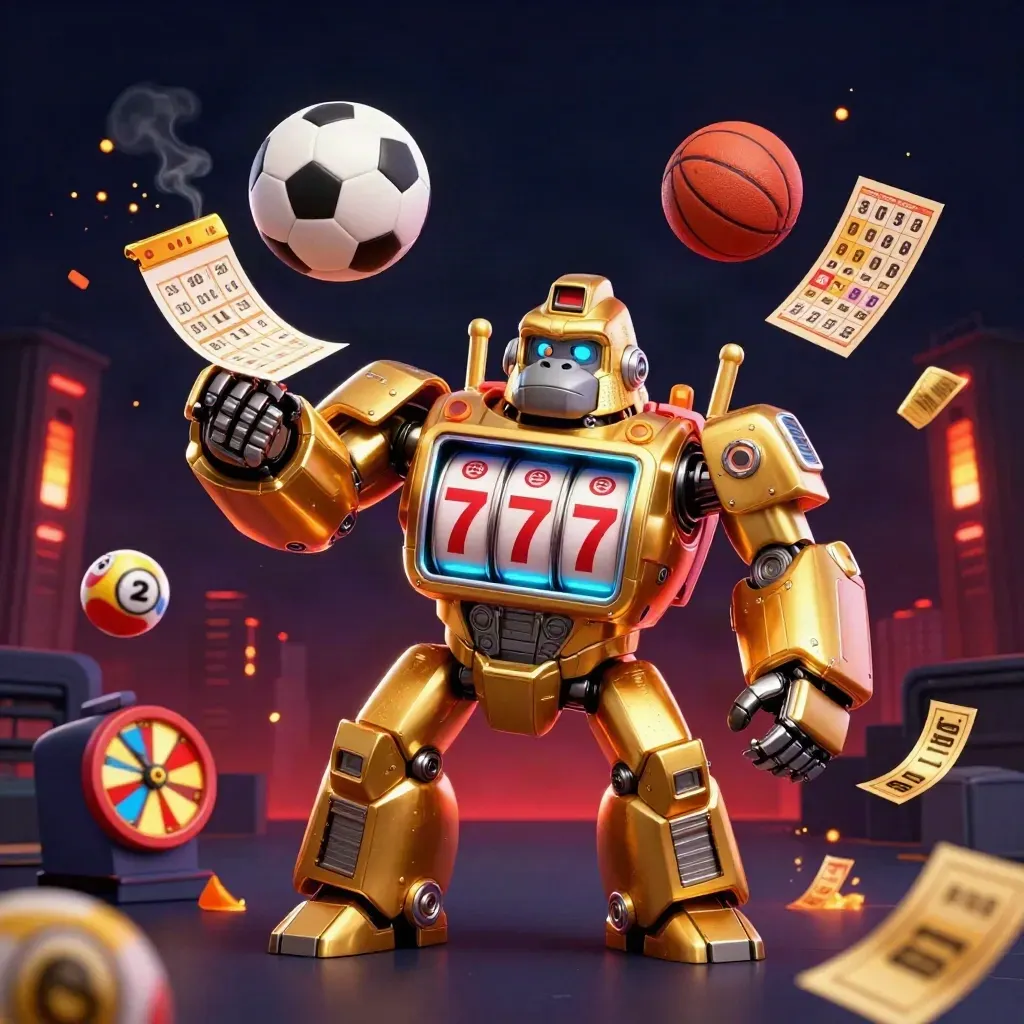 Golden gorilla slot-mech with sports props, lottery balls, and neon casino glow on a dark skyline.