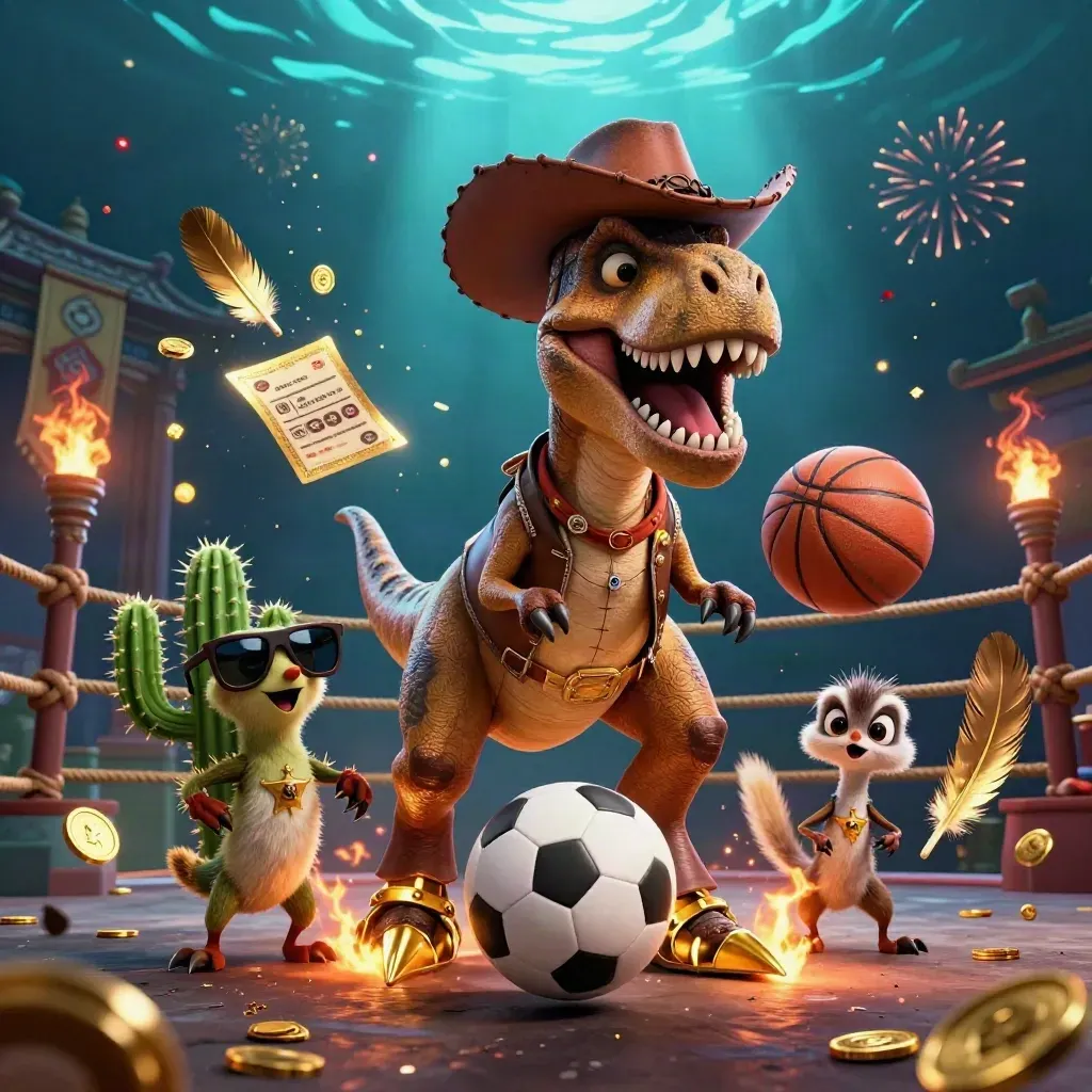 Cowboy T-Rex, cactus and roadrunner burst around a frozen soccer ball in neon casino light.