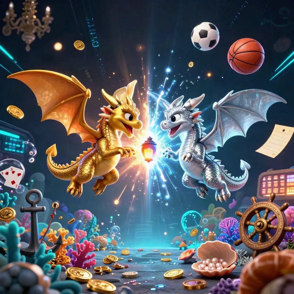 Twin gold and silver dragons clash mid-flight above treasure cove with balls, coins and neon light