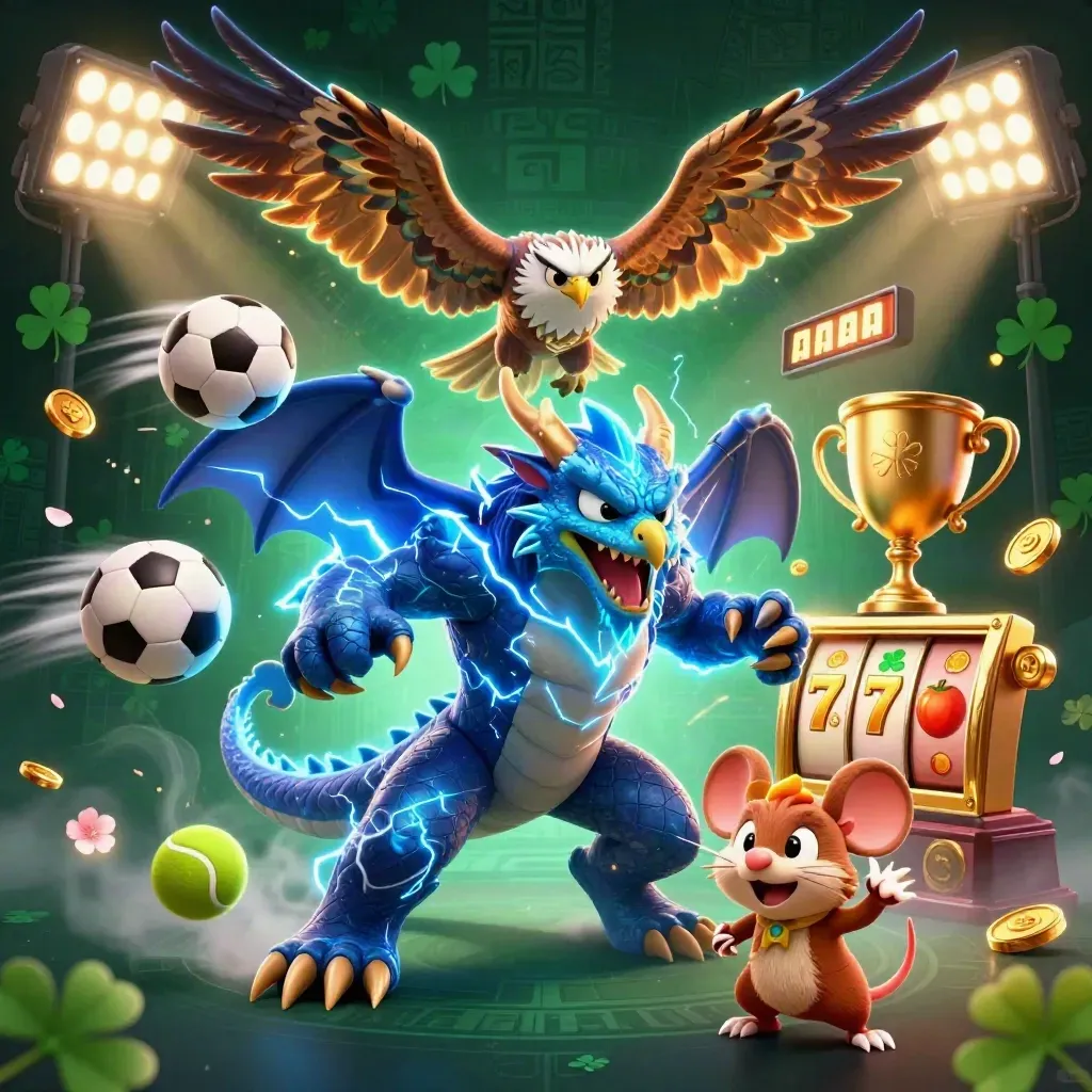 Thunder dragon, wind hawk, and electric mouse amid casino jackpots, sports balls, coins, and cyan lightning.