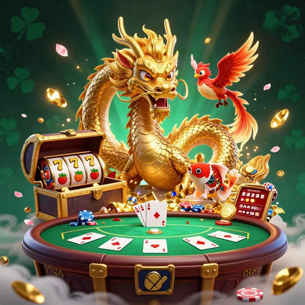 Golden dragon, red phoenix, and koi erupt around treasure, chips, cards, and neon casino light.