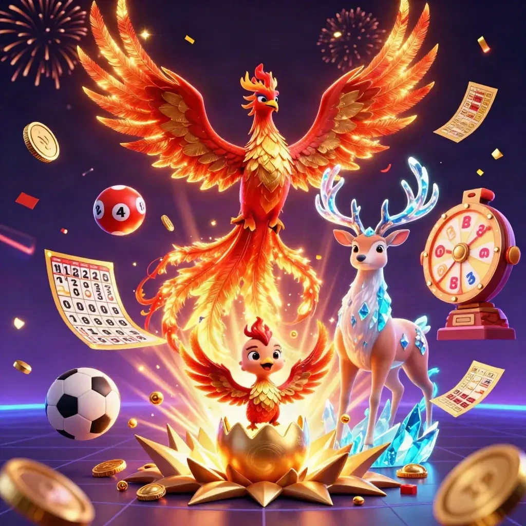 Fire phoenix, baby phoenix, crystalline stag amid treasure, coins, fireworks, and casino game icons.