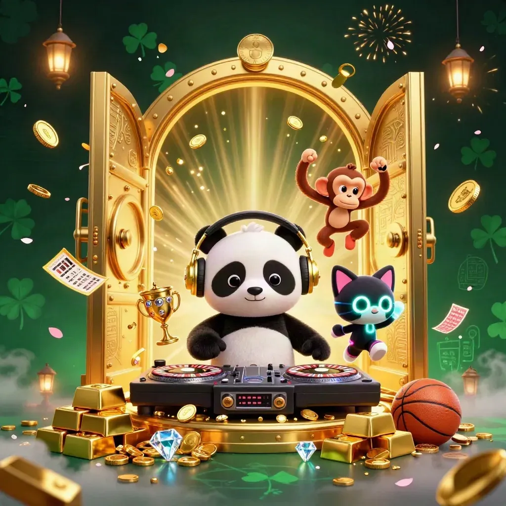 DJ panda, dancing monkey, and glow-stick kitten celebrate as a vault bursts with gold and neon light.