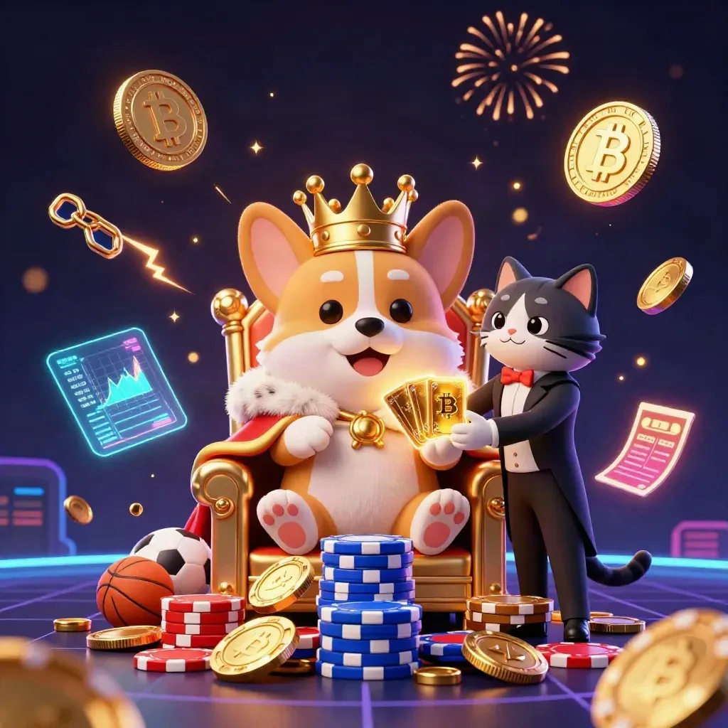 Royal corgi and cat butler amid bursting gold coins, crypto glows, and fireworks in a dark casino scene.