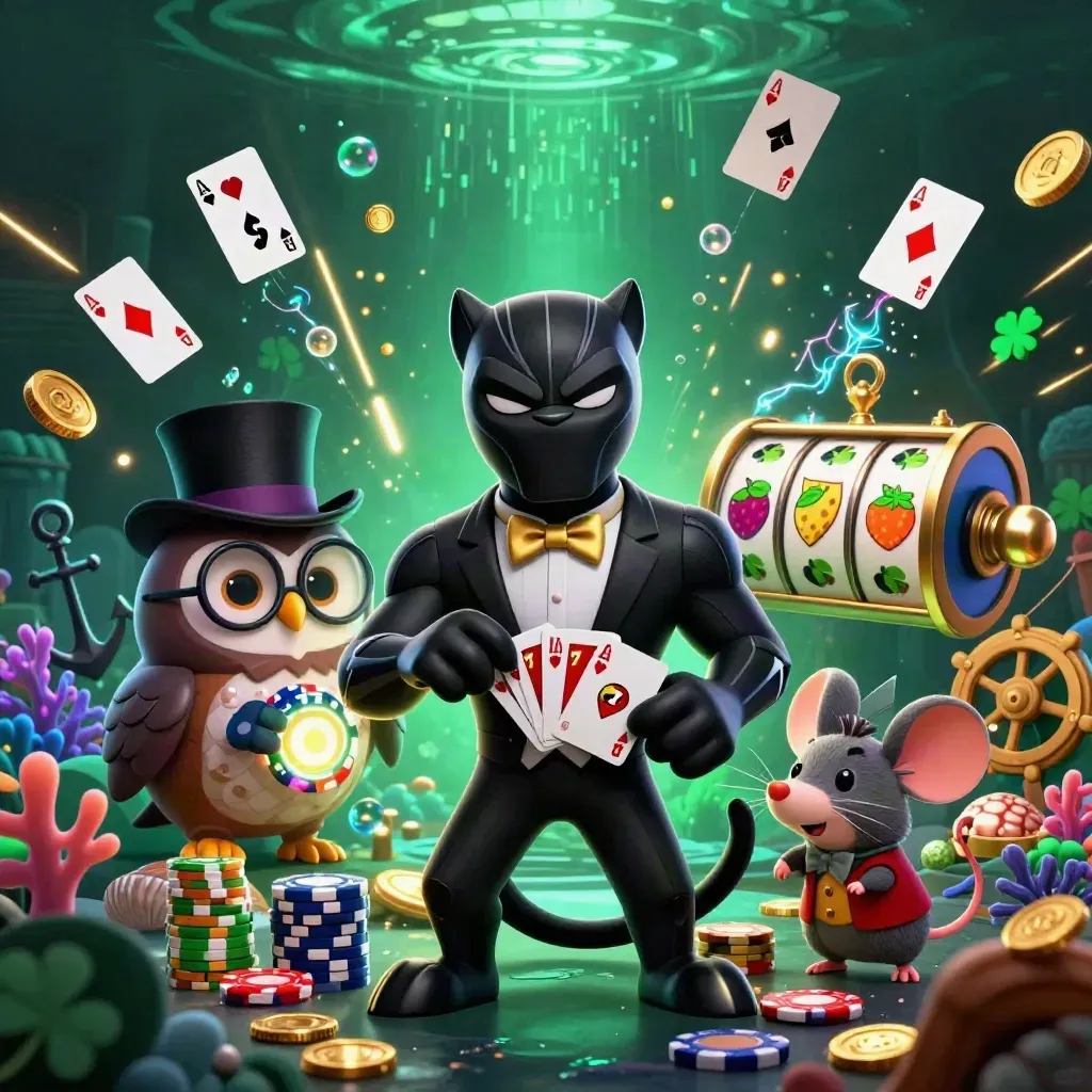 Panther, owl, and mouse casino heroes amid treasure, cards, and glowing neon effects.