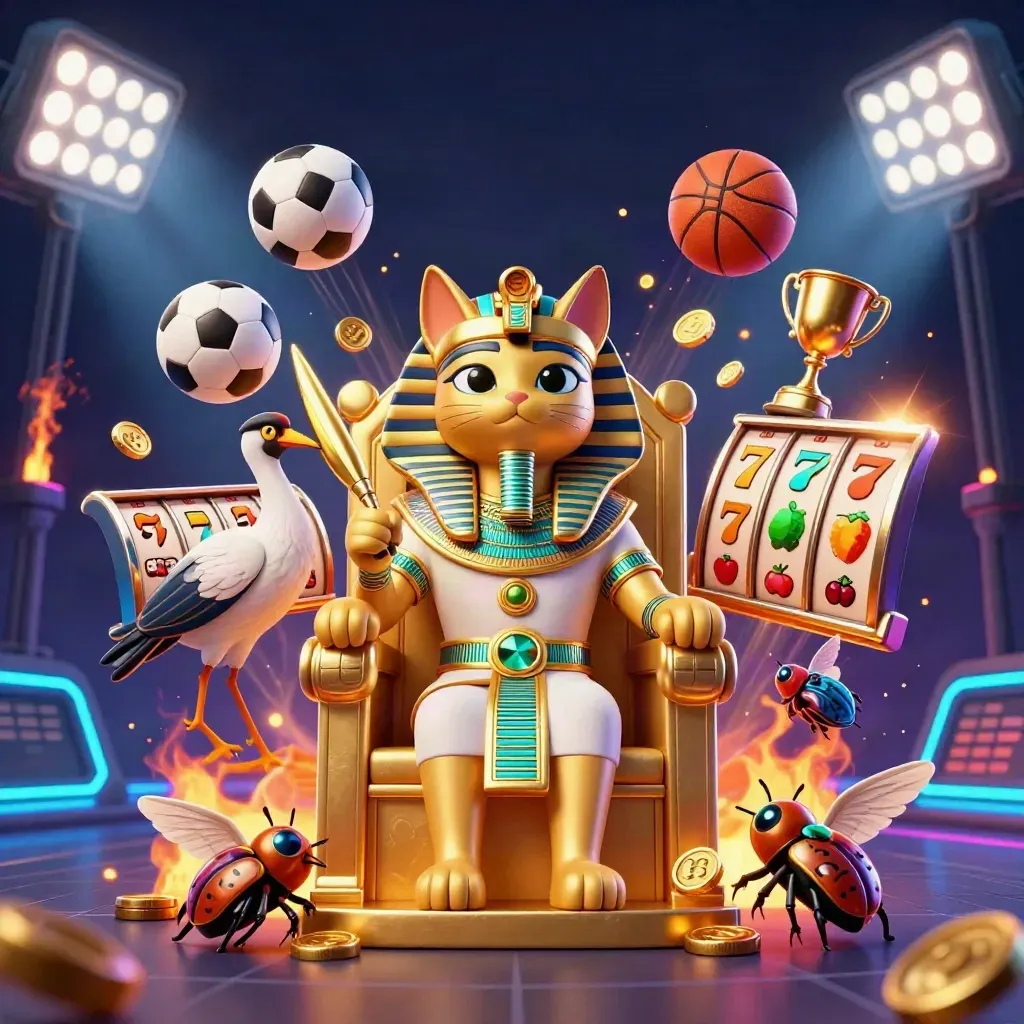 Pharaoh cat throne hero with ibis scribe, scarabs, casino symbols, and neon sports energy